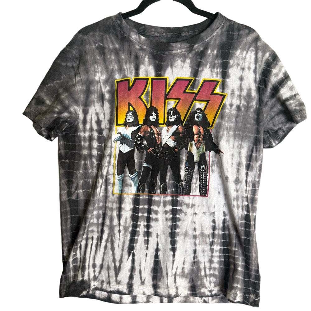 KISS Band Graphic T-Shirt Mens Medium‎ Gray White Tie Dye Rock Concert Tee 2020